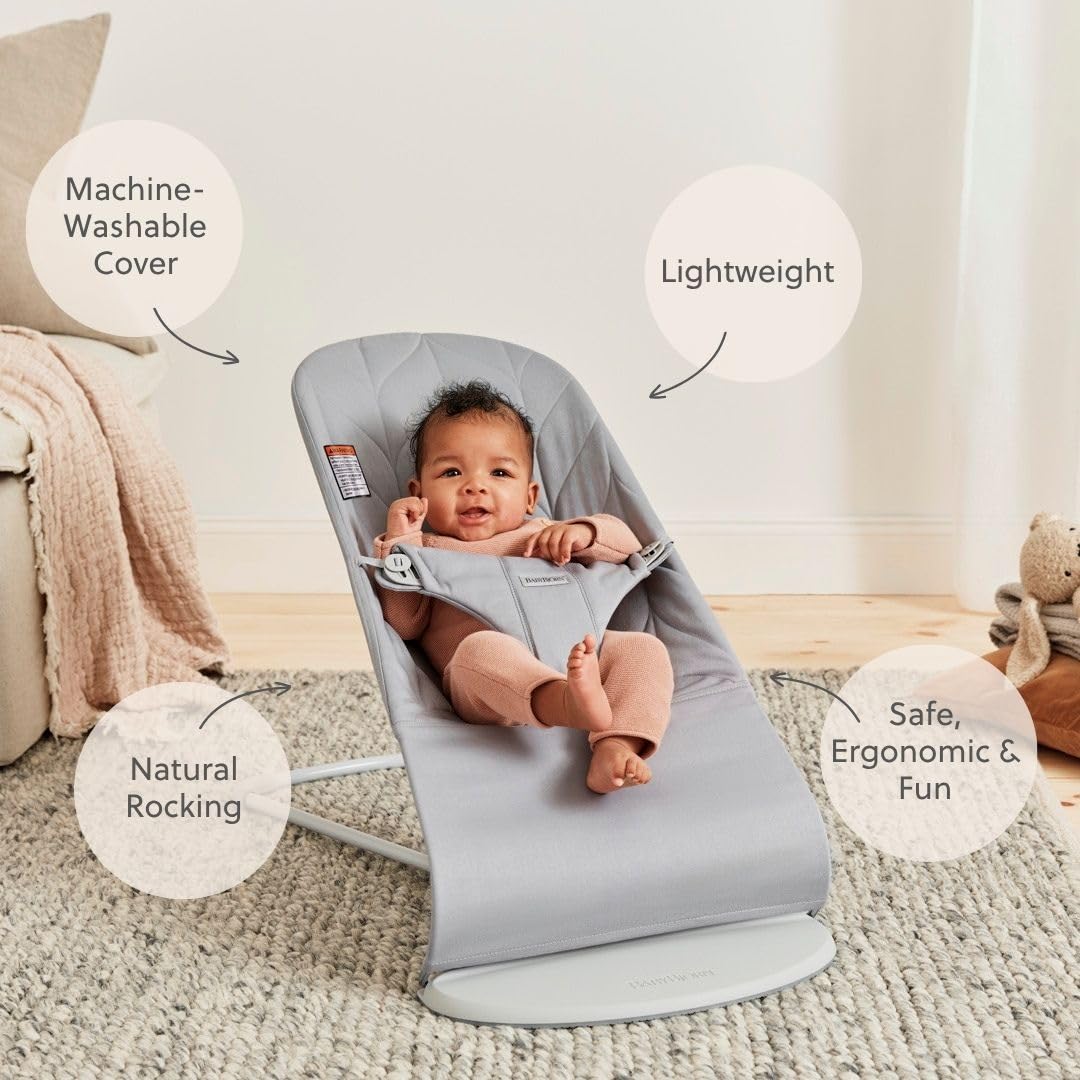 BabyBjörn Bouncer Bliss, Light Gray, Woven, Petal Quilt | 2-in-1 Adjustable Baby Bouncer Seat and Toddler Chair, Newborn to Toddler (8-29 lbs), 4 Positions, Lightweight & Portable