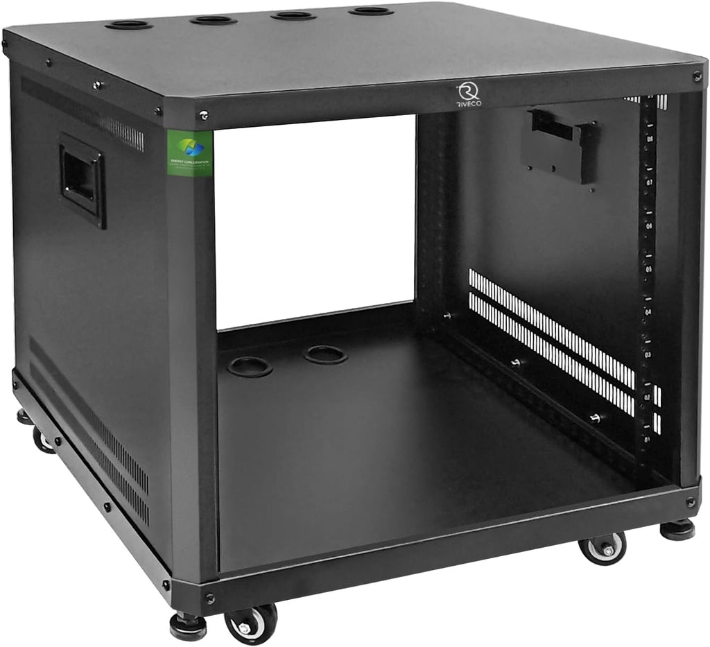 RIVECO 9U Network & Audio Rack with Feet & Wheels, Obtuse Angel Server Rack Cabinet, Rolling Studio Rack Case with Adjustable Depth Rails for 19' Stereo Recording & IT Equipment Mounting 1PCS