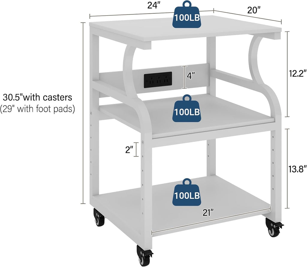 Natwind Large Printer Stand, 24''x20''x29'' Printer Table with Adjustable Storage Shelf, 3 Tier Rolling Cart with Wheels, Multifunctional Home Office Shelves for Heat Press, 3D Printer (White)