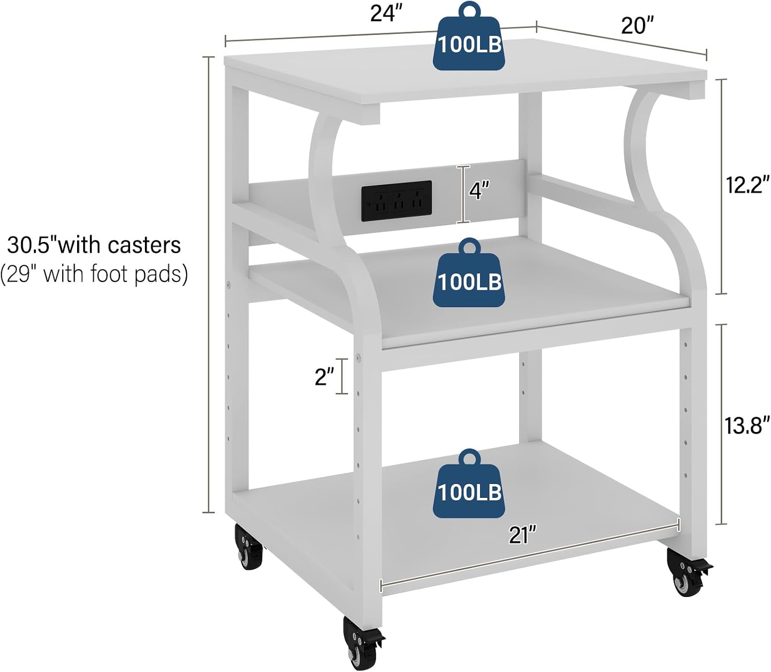 Natwind Large Printer Stand, 24''x20''x29'' Printer Table with Adjustable Storage Shelf, 3 Tier Rolling Cart with Wheels, Multifunctional Home Office Shelves for Heat Press, 3D Printer (White)
