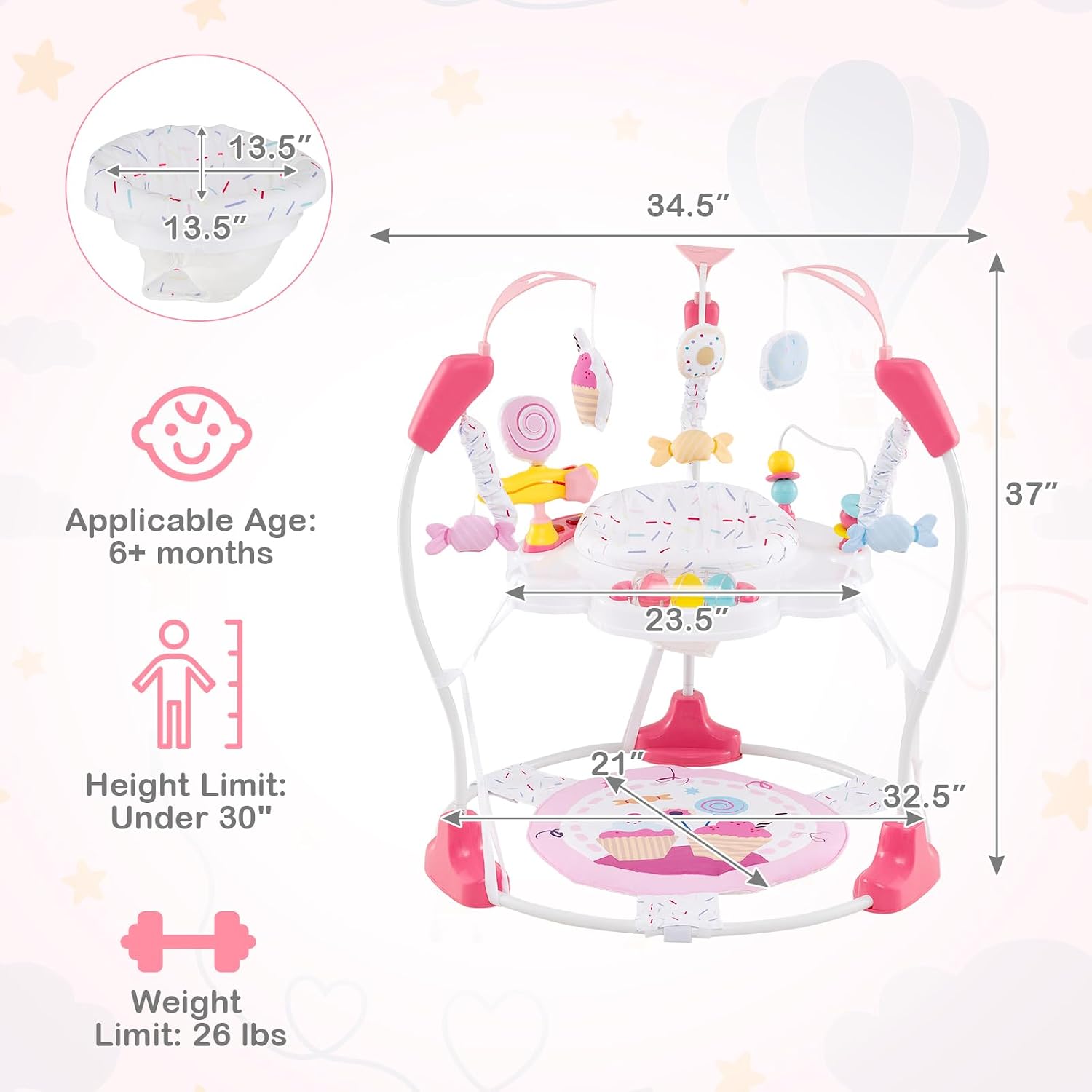 HONEY JOY Baby Bouncer Activity Center, Infant Jumper and Table w/ 360° Rotary Seat, 3 Adjustable Heights, Mat, Music, Lights, Sounds & Developmental Toys, Activity Center for Babies (Pink)