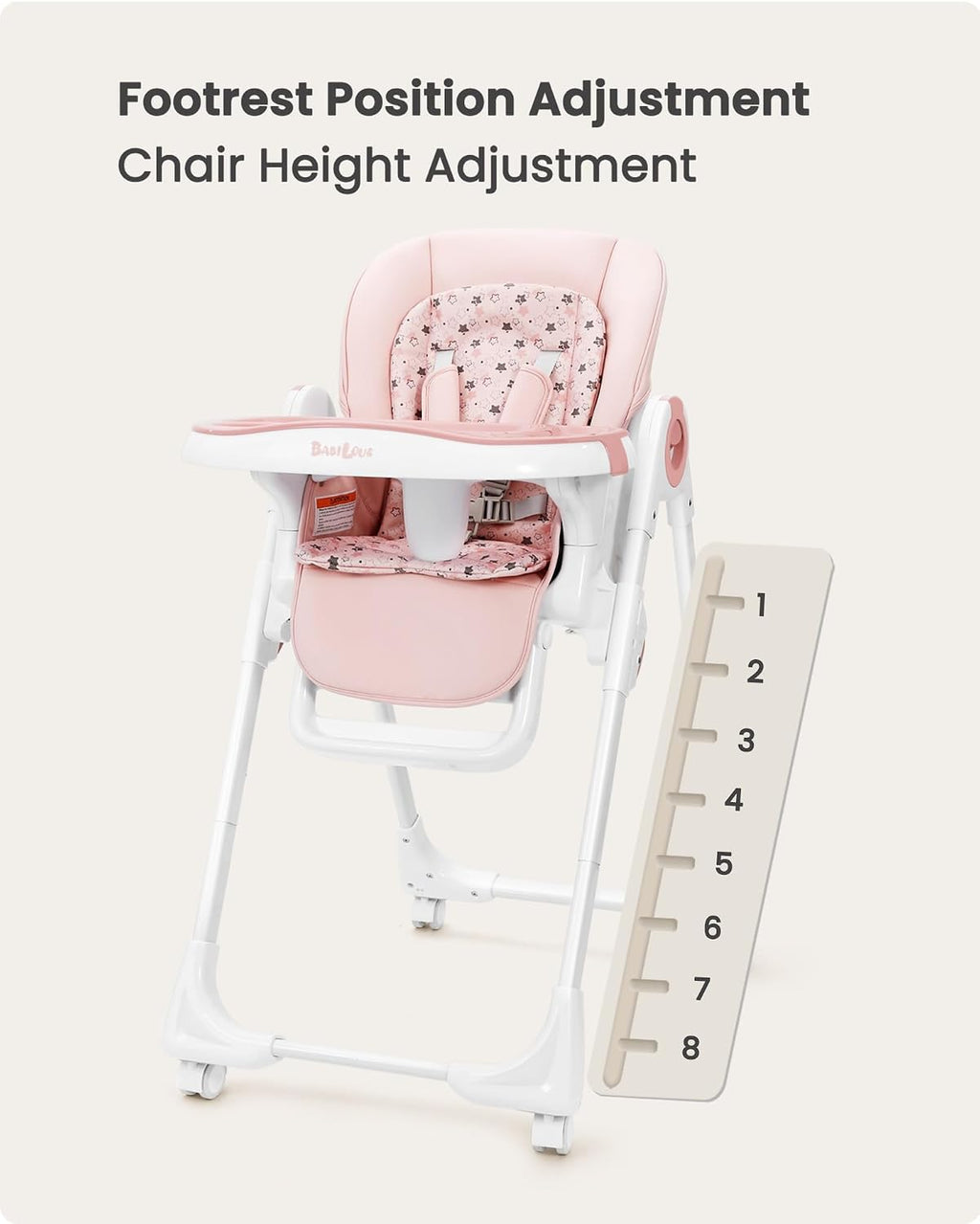 Babilous Foldable High Chair with Soft Cushion, High Chairs for Babies and Toddlers, Height Adjustable Feeding Chair, Adjustable Backrest and Footrest, Lockable Wheels, Star Pink