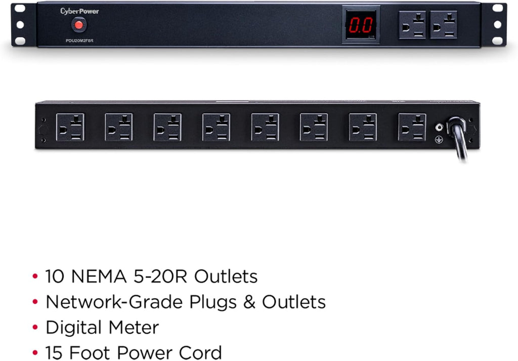 CyberPower PDU20M2F8R Metered PDU, 100-125V/20A (Derated to 16A), 10 Outlets, 1U Rackmount, 15 Foot Power Cord