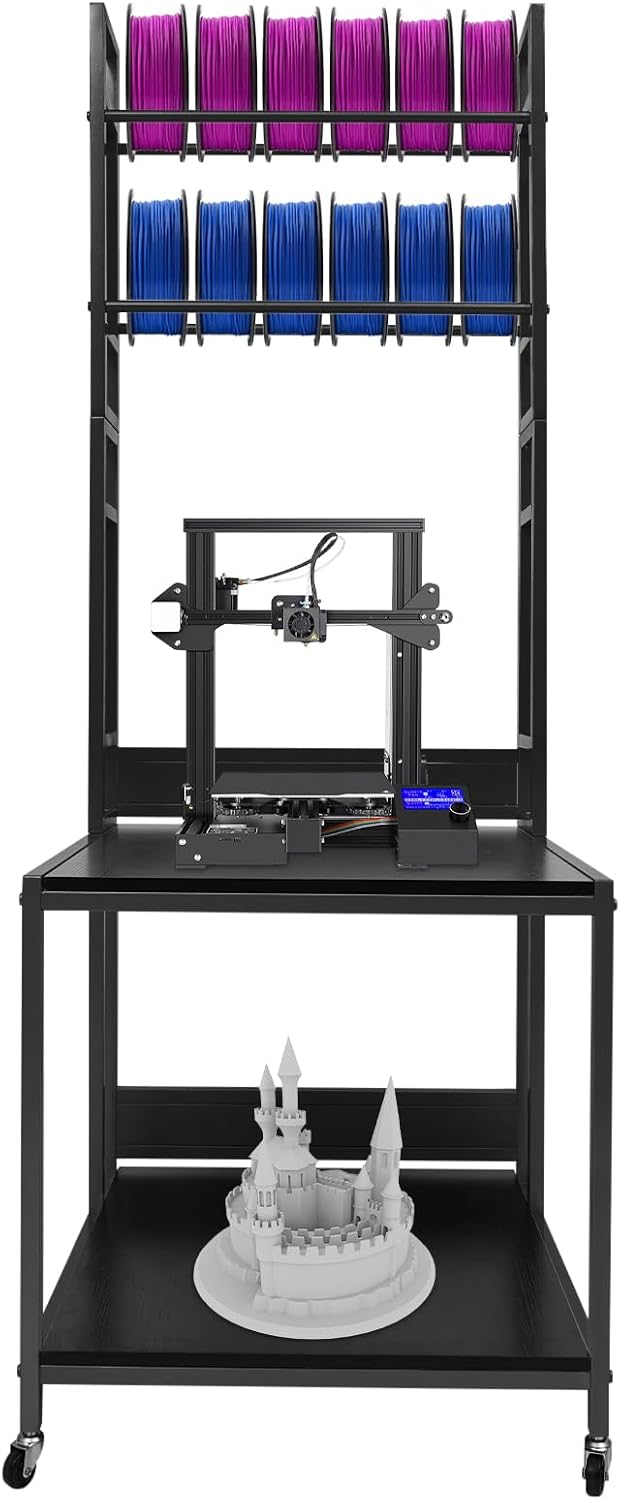 3D Printer Stand with Double Layer 3D Printer Filament Storage Rack, 110lbs Load Capacity Mobile Printer Table with Wheels for Office Storage and Organization, Black