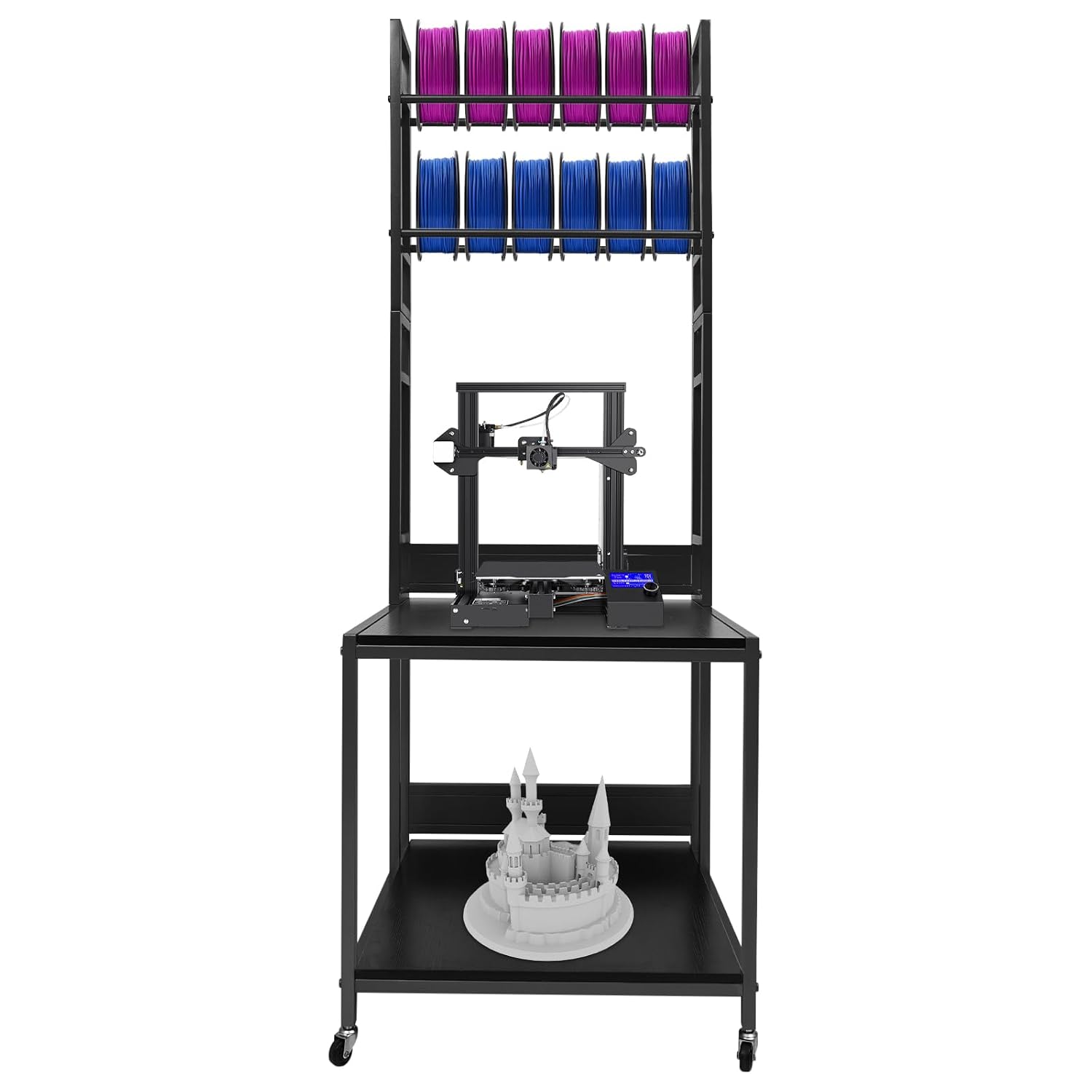 3D Printer Stand Double Layer 3D Printer Filament Storage Rack, Spools Holder Racks, Mobile Printer Table with Wheels for Studio Office Storage and Organization (Black)