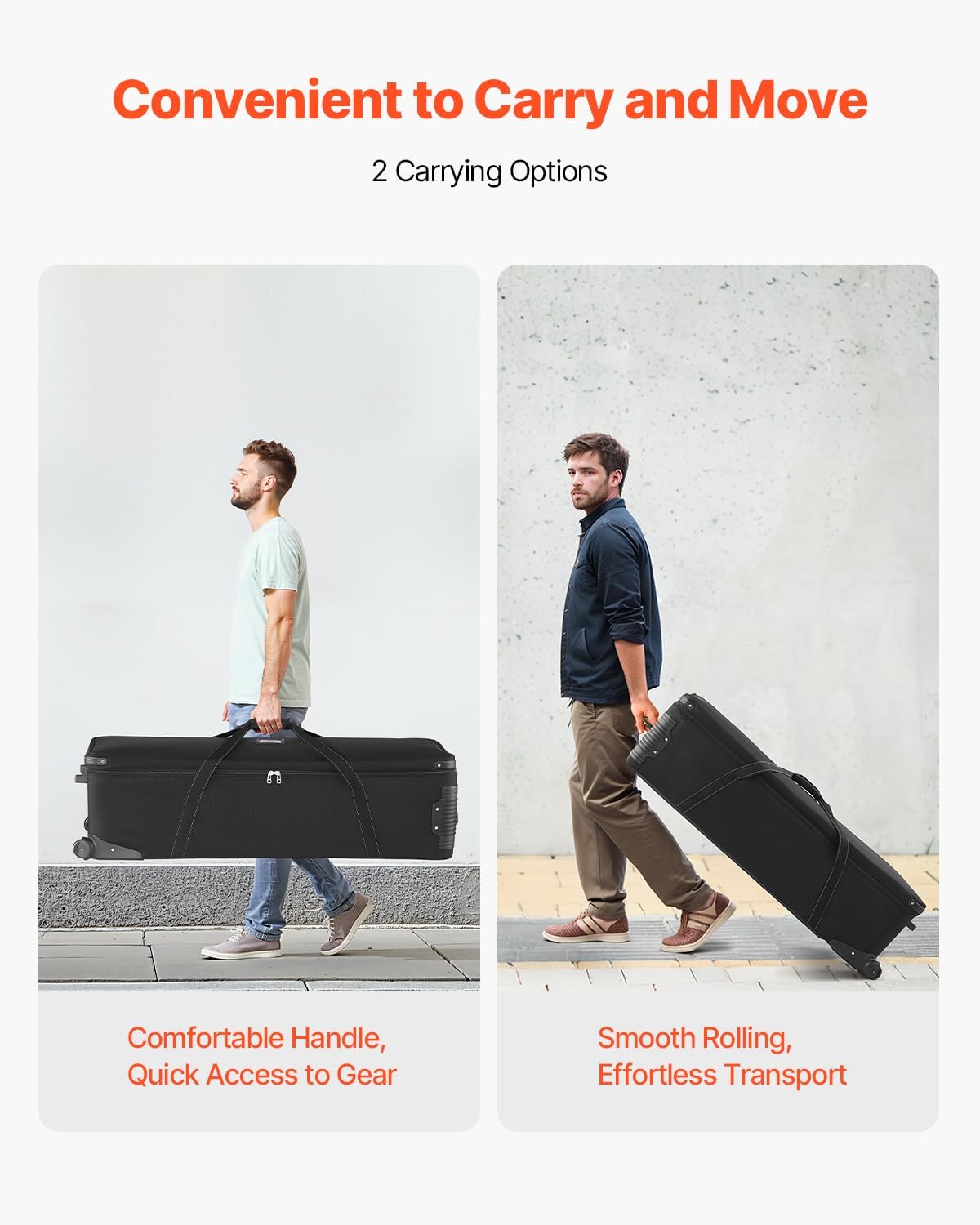 VEVOR Studio Equipment Trolley Case, 51.57 x 14.37 x 14.96 in / 131 x 36.5 x 38 cm, Rolling Camera Bag, Carrying Bag with Wheels Straps Padded Compartment Handle, for Light Stands, Tripods, Telescopes