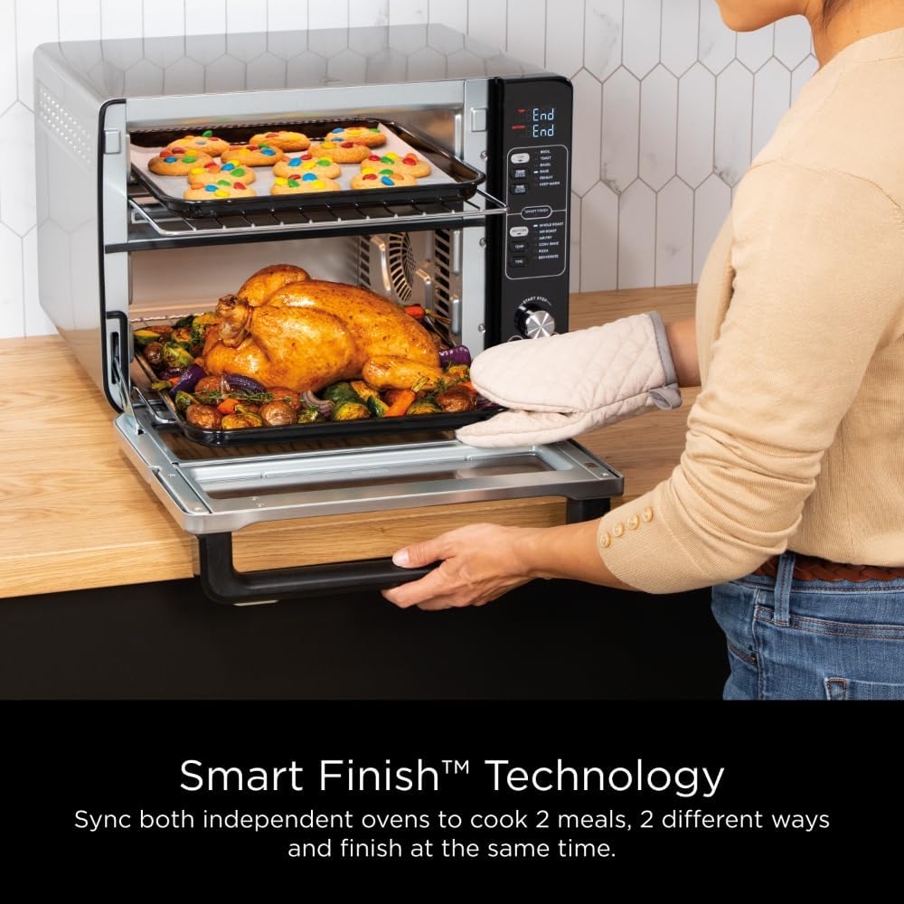 Ninja DCT401 12-in-1 Double Oven with FlexDoor, FlavorSeal & Smart Finish, Rapid Top Convection and Air Fry Bottom, Bake, Roast, Toast, Air Fry, Pizza and More, Stainless Steel (Renewed)