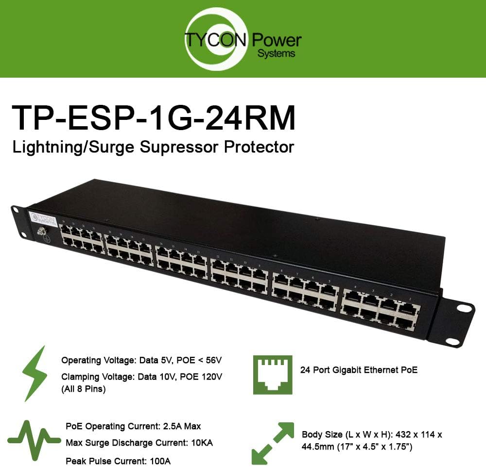 Tycon Power Systems - TP-ESP-1G-24RM - Network Lightning/Surge Protector, 24 Port Rack Mount, 1Gbps Data Rate, LAN/PoE 70V Clamp Voltage, 10KA Surge