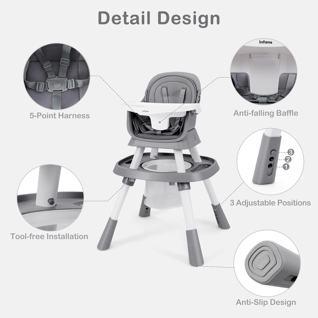 INFANS 9 in 1 High Chair, Convertible Baby Highchair for Babies and Toddlers, Table and Chair Set Building Block Infant Dining Booster Seat, Kids Stool with Activity Children Play Kitchen (Grey)