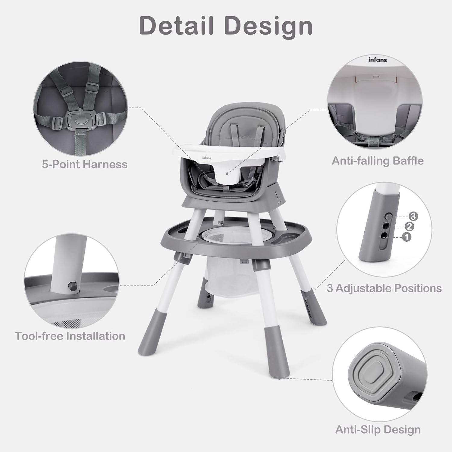 INFANS 9 in 1 High Chair, Convertible Baby Highchair for Babies and Toddlers, Table and Chair Set Building Block Infant Dining Booster Seat, Kids Stool with Activity Children Play Kitchen (Grey)