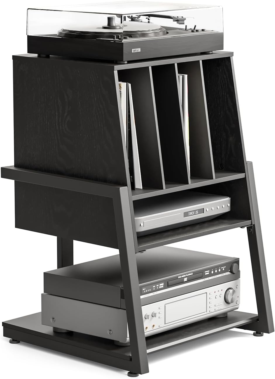 FITUEYES Design Record Player Stand with Vinyl Record Storage, Turntable Stand with Station up to 120 pcs, Small Entertainment Center for Living Room (Black)