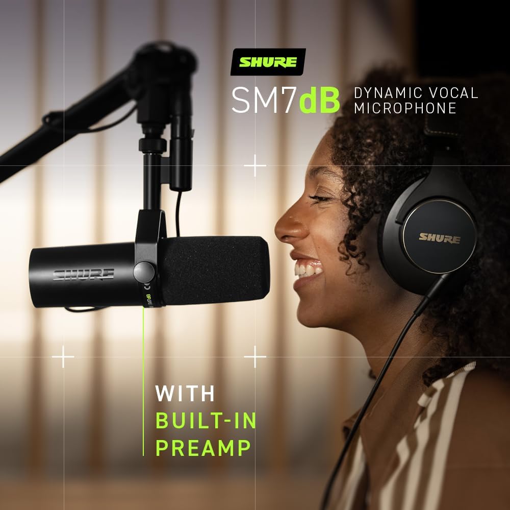 Shure SM7dB Dynamic Studio Microphone with Built-in Preamp – XLR Mic for Podcasting, Streaming & Vocal Recording, Wide Frequency Range, Smooth Warm Audio, Detachable Windscreen, Black