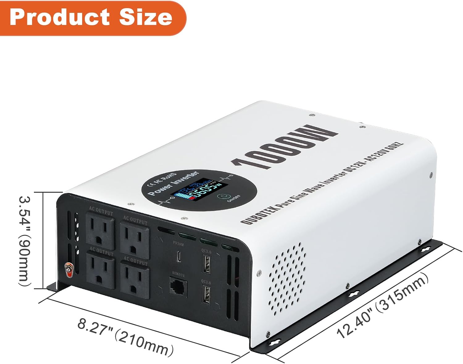 1000 Watts Power Inverter Peak Power 2000W Pure Sine Wave 12V DC to 120V AC RV Converter with Wireless Remote Control LCD Display 4 AC Outlets Dual USB Port Type C Off Grid Solar Inverter