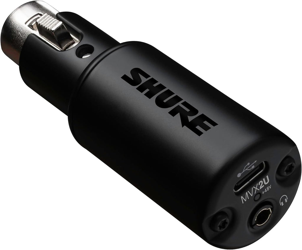 Shure MVX2U XLR-to-USB Digital Audio Interface, Headphone Jack, 60dB Gain, Zero-Latency Monitoring, 48V Phantom Power, ShurePlus App, USB-C Cable