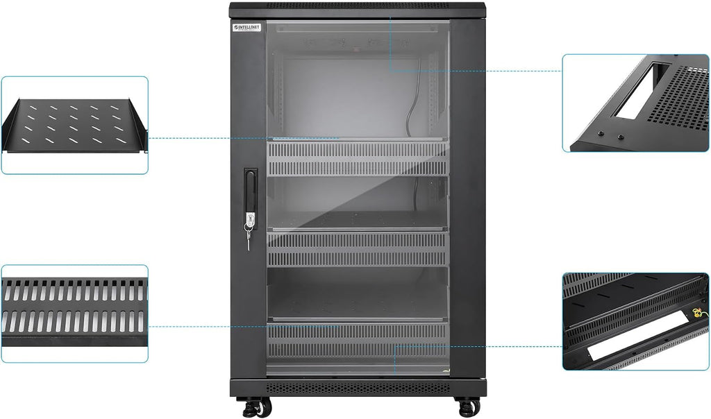 Intellinet 18U Network Server Rack Enclosure Cabinet with Integrated Fans – IP20 Rated, Reversible Tempered-Glass Front Door, Removable Side Panels – 3 Yr Mfg Warranty
