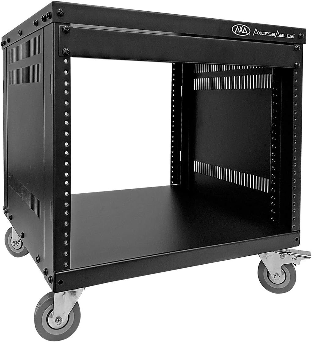 AxcessAbles 8U 19' Homelab Server Rack | 550-LB Capacity | Open Frame with Removable Side Panels | Rolling Rack Cabinet w/Locking 3' Casters | Network, AV & Studio Gear | Includes 5mm & 6mm Screws