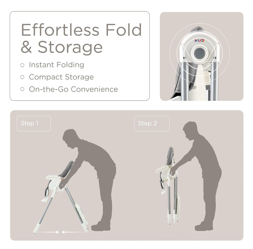 KÜB 3-in-1 Foldable Baby High Chair | Multifunctional Infant High Chairs for Babies and Toddlers | Removable Seat & Tray for Easy Clean | 7 Height & 4 Recline Adjustable | 2 Locking Wheels(Grey)