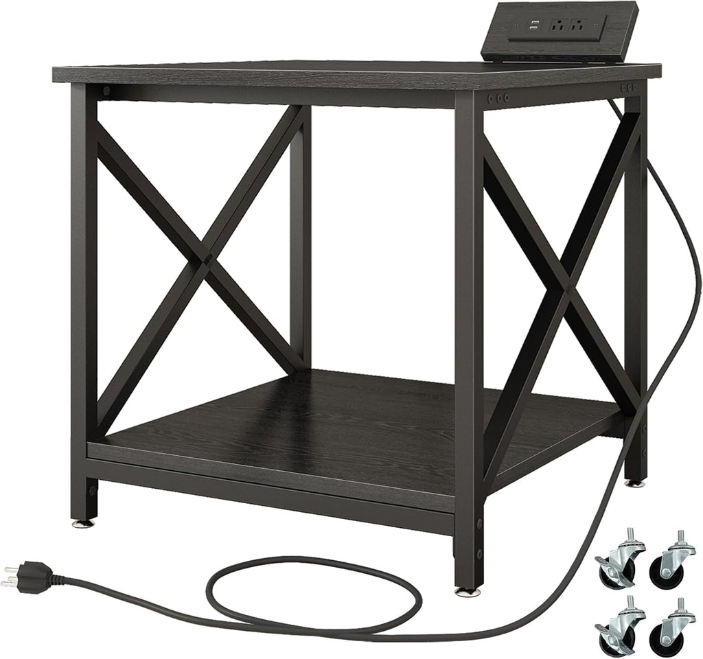 METYERRY Large Printer Stand with Power Outlet, with Storage Shelf, 2 Tier Rolling Printer Cart with Industrial Wheels, 23.6 x 23.6 Inches Printer Table for Home Office,Black