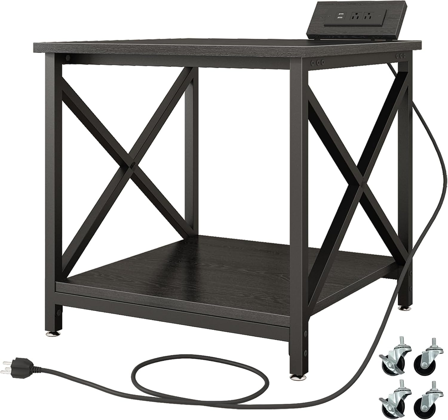 METYERRY Large Printer Stand with Power Outlet, with Storage Shelf, 2 Tier Rolling Printer Cart with Industrial Wheels, 23.6 x 23.6 Inches Printer Table for Home Office,Black