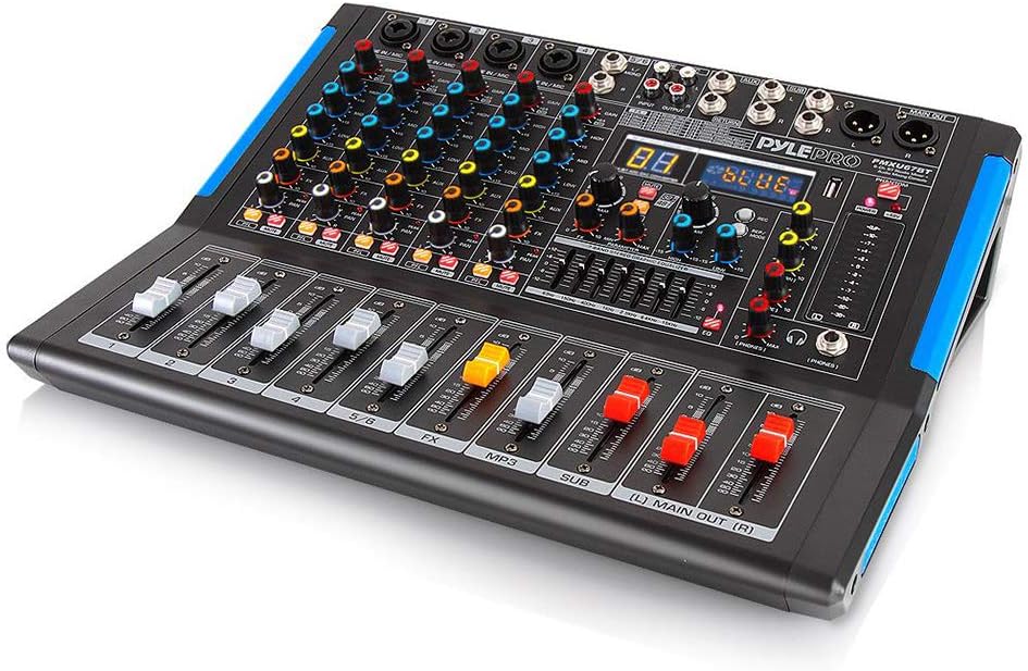 Pyle 6-Channel Console Style Audio Mixer with Bluetooth - DJ Sound Controller, 4 XLR / Combo Inputs, Sub Out, +48V Phantom, USB-A In, 16 DSP Effects, MP3 Player, 7-Band EQ - PMXU67BT