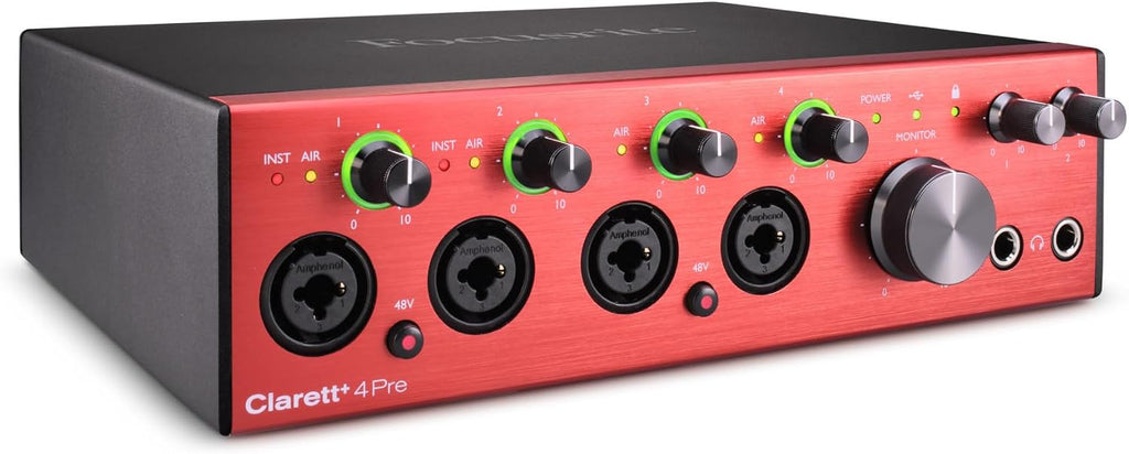 Focusrite Clarett Plus 4Pre 18-In and 8-Out Audio Interface Bundle with Headphones, 25-Feet XLR Microphone Cable (4-Pack), and TRS Cable (2-Pack) (8 Items)