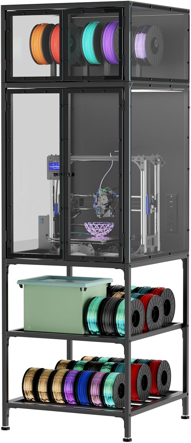 Majnesvon 3D Printer Cabinet, Double Layer 3D Printer Stand Filament Storage Rack with T Shaped Bar, Noise Reducing & Dust Proof Enclosure for Home, Studio and Office