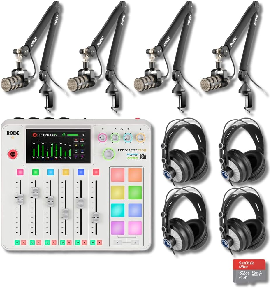 Rode RODECaster Pro 2 (White) Production Console with 4 PodMic Podcasting Microphones, PSA1+ Professional Boom Arms, Over-Ear Headphones, 32GB microSD Card, XLR Cables and StreamEye Cloth