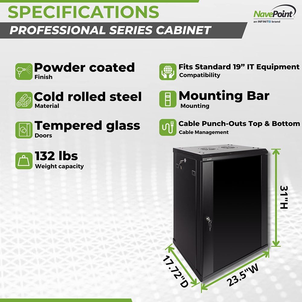 Navepoint 15U Deluxe IT Wallmount Cabinet Enclosure 19-Inch Server Network Rack with Locking Glass Door 16-Inches Deep Black