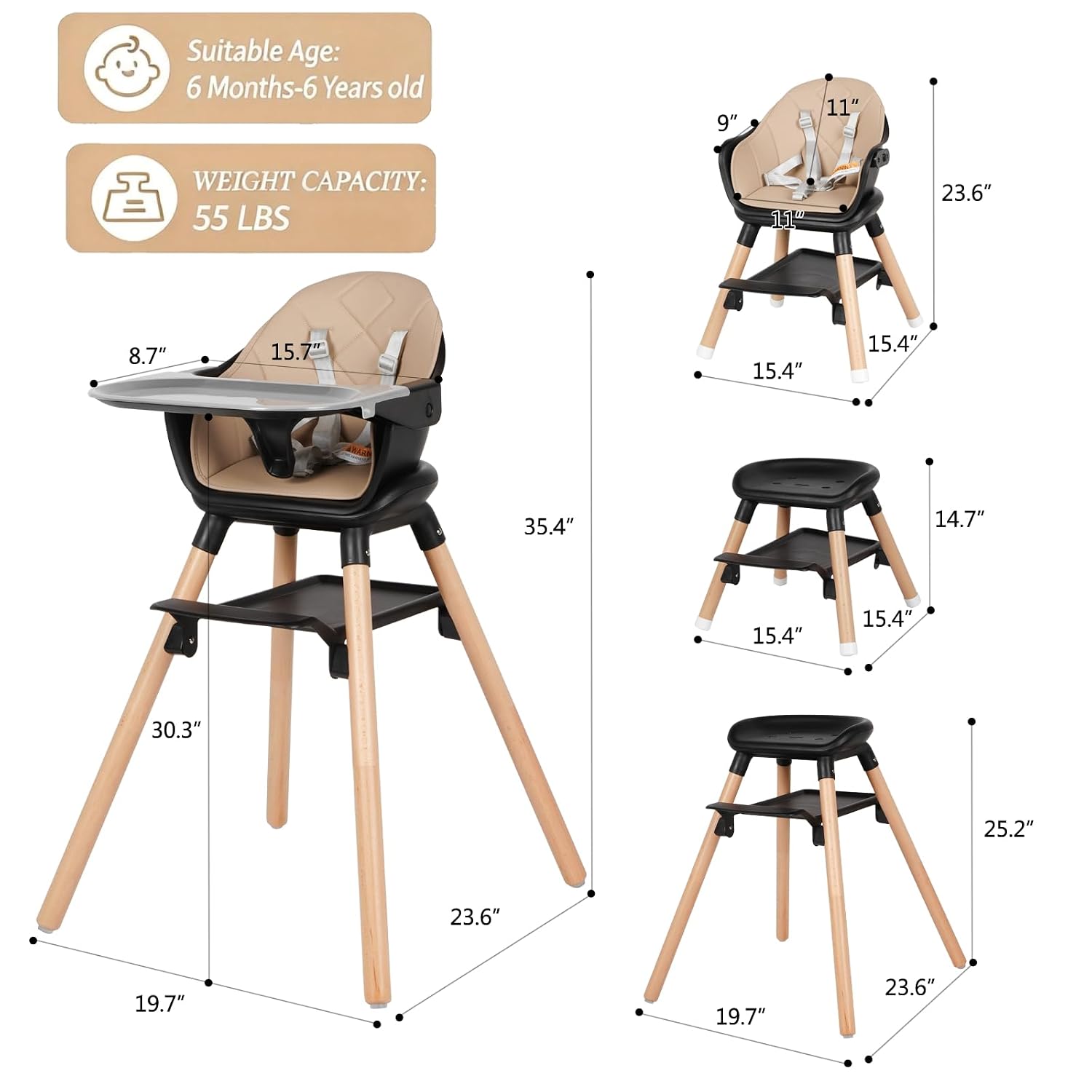 6 in 1 Baby High Chair, Convertible Wooden High Chairs/Booster Seat for Babies and Toddlers, Baby Feeding Chair with 5-Point Harness/Double Removable Tray & Adjustable Footrest (Black)