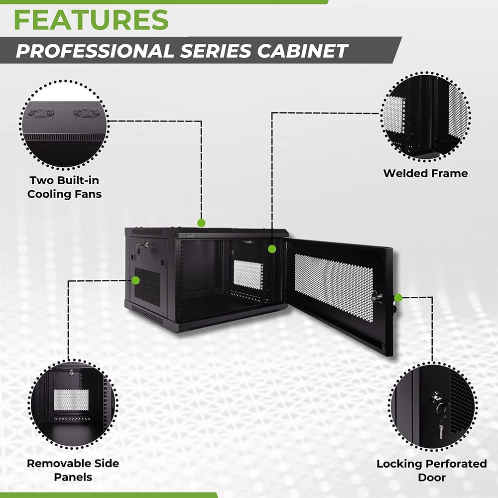 NavePoint 6U Server Rack - 17.7' Deep, Wall Mount Network Cabinet with Locking Perforated Door, 19' IT Equipment Compatible, 2 Fans, Removable Side Panels, Black