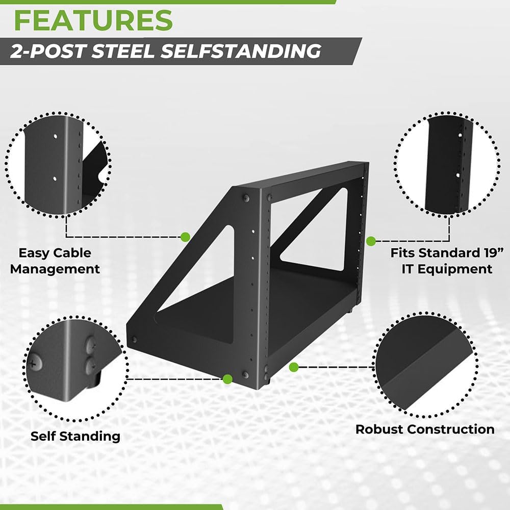 NavePoint 6U 2 Post Server Rack for 19 Inch Equipment, Freestanding Desktop Rack for AV, Networking, Data & IT Devices, Heavy Duty 2-Post Rack 6U 330lbs Weight Capacity, Black