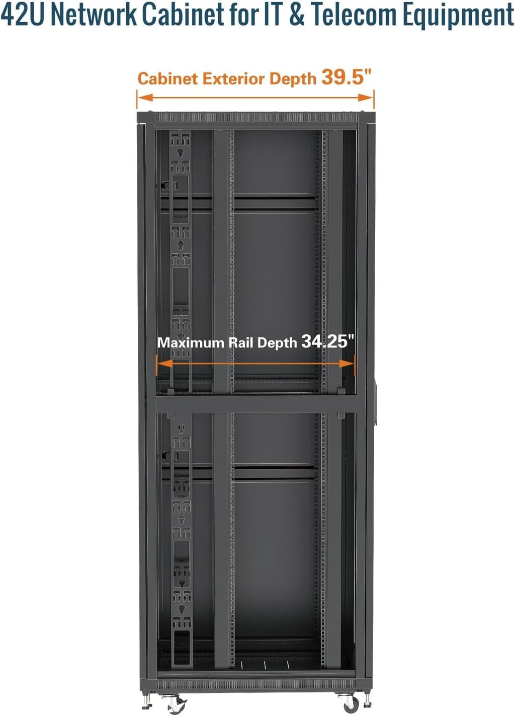 Tecmojo 42U Server Rack Network Cabinet 39.4' D x 23.6' W, Locking Data Cabinet Enclosure for 19' Server, Networking, AV & IT Equipment, Mesh Door, Black