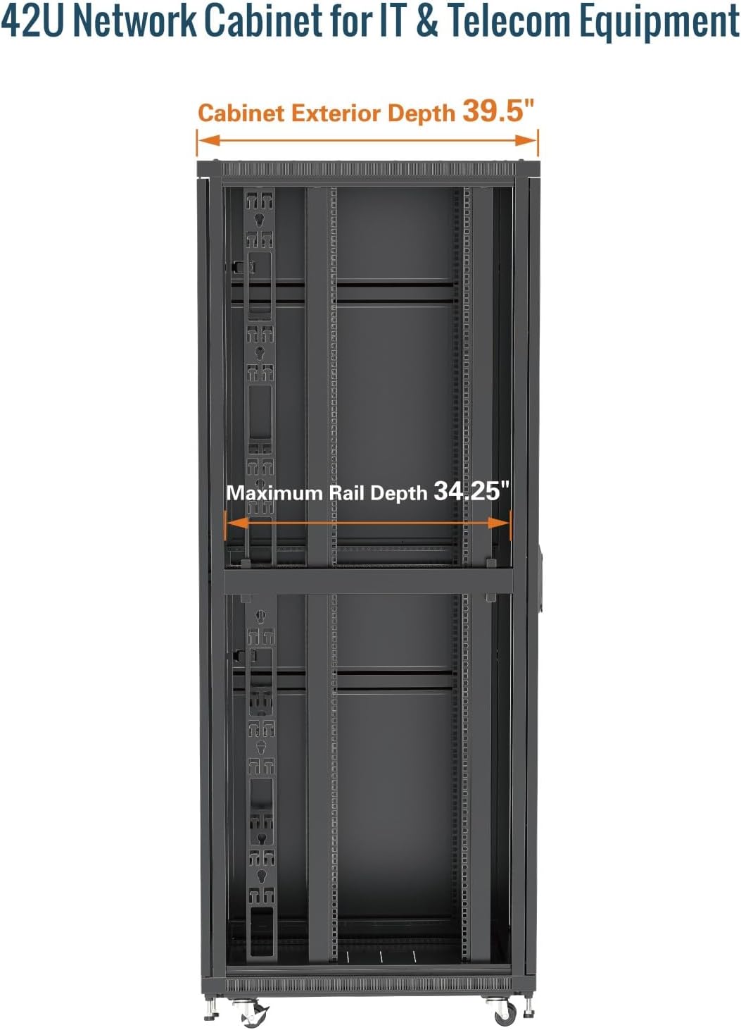 Tecmojo 42U Server Rack Network Cabinet 39.4' D x 23.6' W, Locking Data Cabinet Enclosure for 19' Server, Networking, AV & IT Equipment, Mesh Door, Black