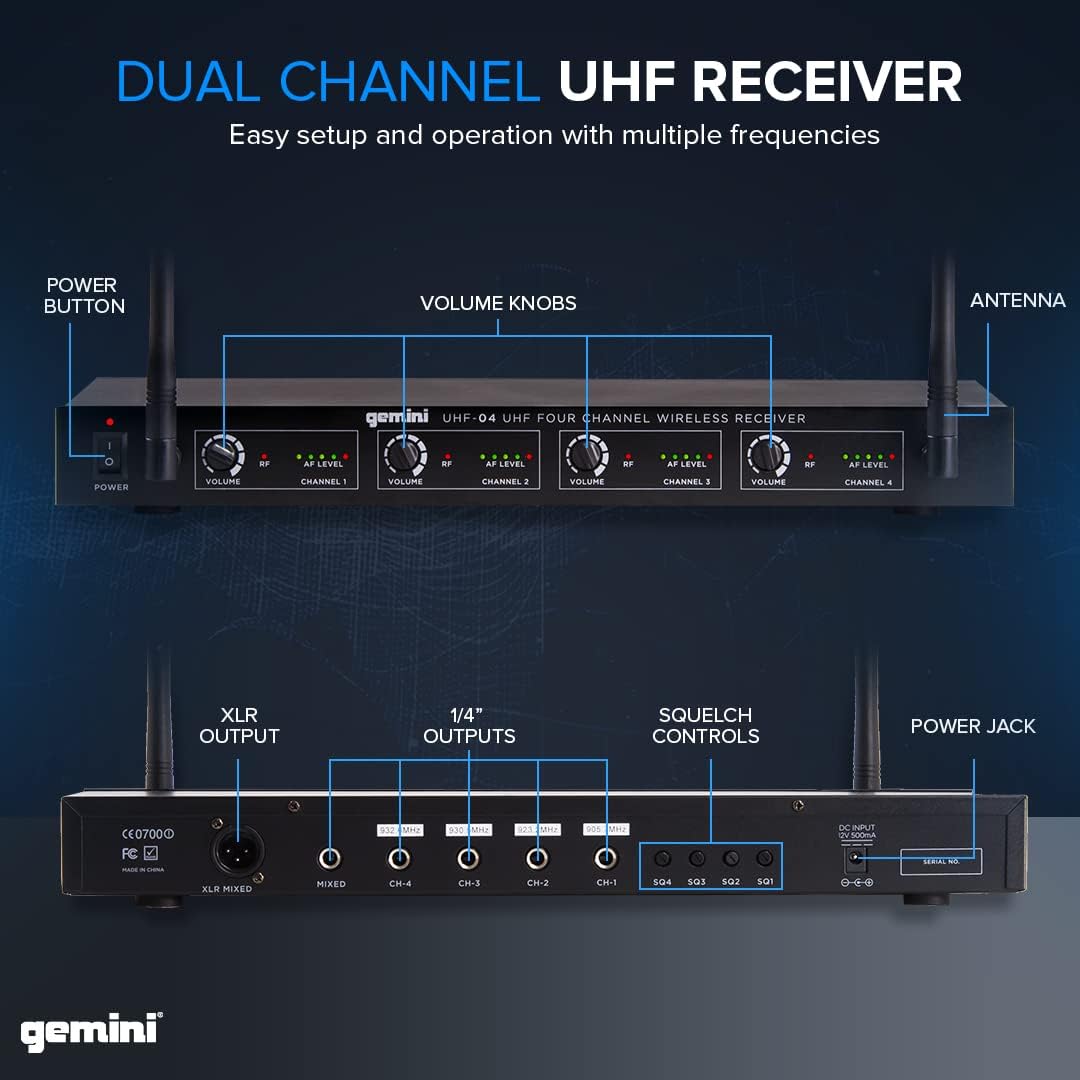 Gemini Sound UHF-04M Wireless Cordless Professional Set of 4 Handheld Microphones and Receiver for DJ, Karaoke, Stage Performance or PA System Four Pack