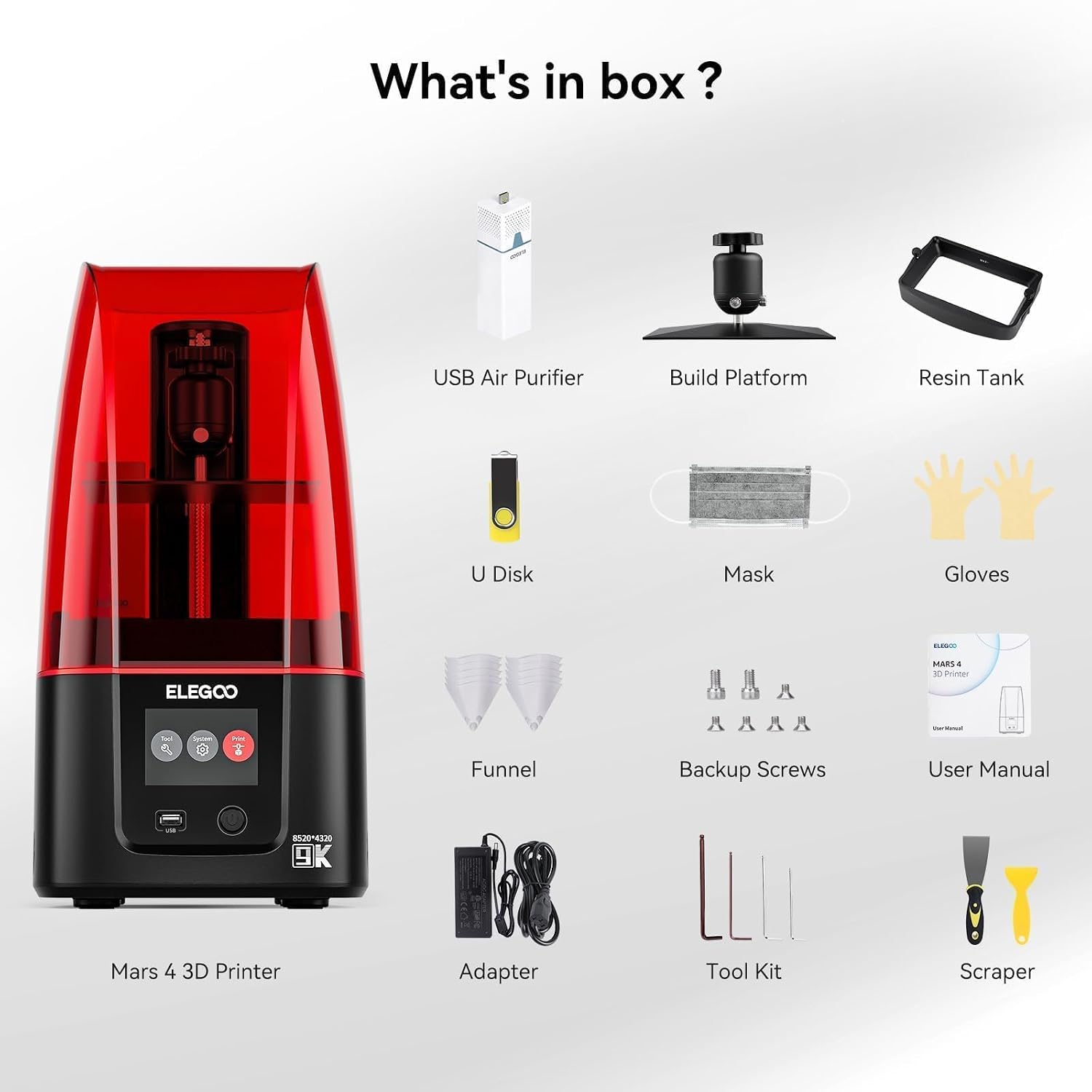 ELEGOO Mars 4 MSLA 3D Printer with 7' 9K Monochrome LCD, UV Resin Photocuring Printer, Multiple Print Modes, Printing Size of 6.04 × 3.06 × 6.89 inches