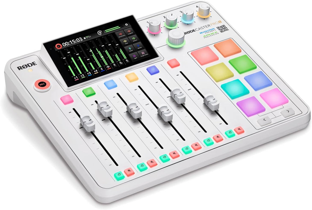 Rode RODECaster Pro 2 (White) Ultimate Podcasting Bundle with 4x PodMics, PSA1+ Boom Arms, NTH-100 Headphones, WS14 Podmic Pop Filter & Color-Coded XLR and Headphone Cables