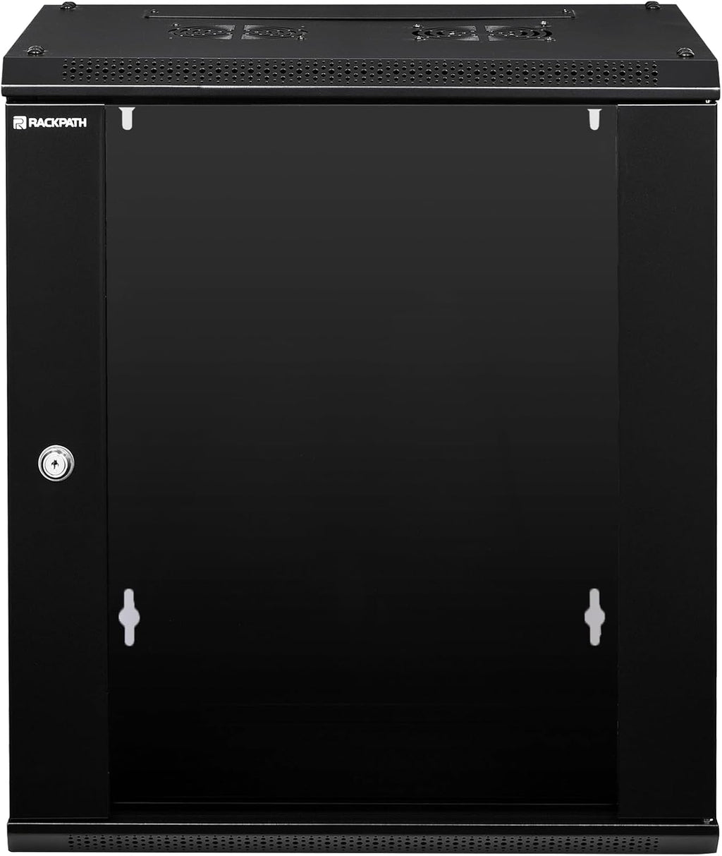 RackPath 12U Wall Mount Network Rack Cabinet – Quiet Cooling Fan, Locking Glass Door, 17.7' Deep (450mm), Removable Locking Side Panels, Fits 19' IT & A/V Equipment