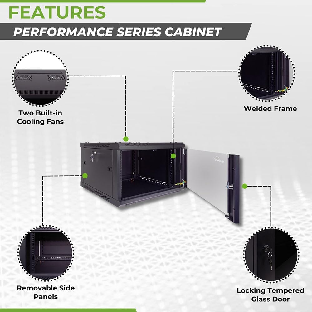 NavePoint 6U Server Cabinet Wall Mount Rack Enclosure Includes 2 Fans, Locking Glass Door, Removable Side Panels – 6U Network Cabinet 23.6' Deep, 19 Inch Server Rack for IT and A/V Equipment