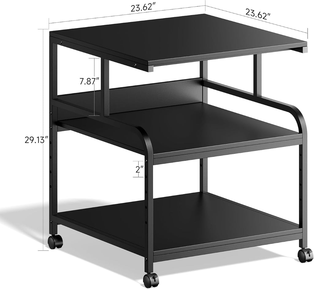 Warmiehomy Printer Stand, 24''×24''×29'' Large Printer Table for Home Office with Locking Casters, Sturdy 3-Tier Rolling Cart with Adjustable Shelf, Mini Fridge Stand, Home Office Essentials, Black