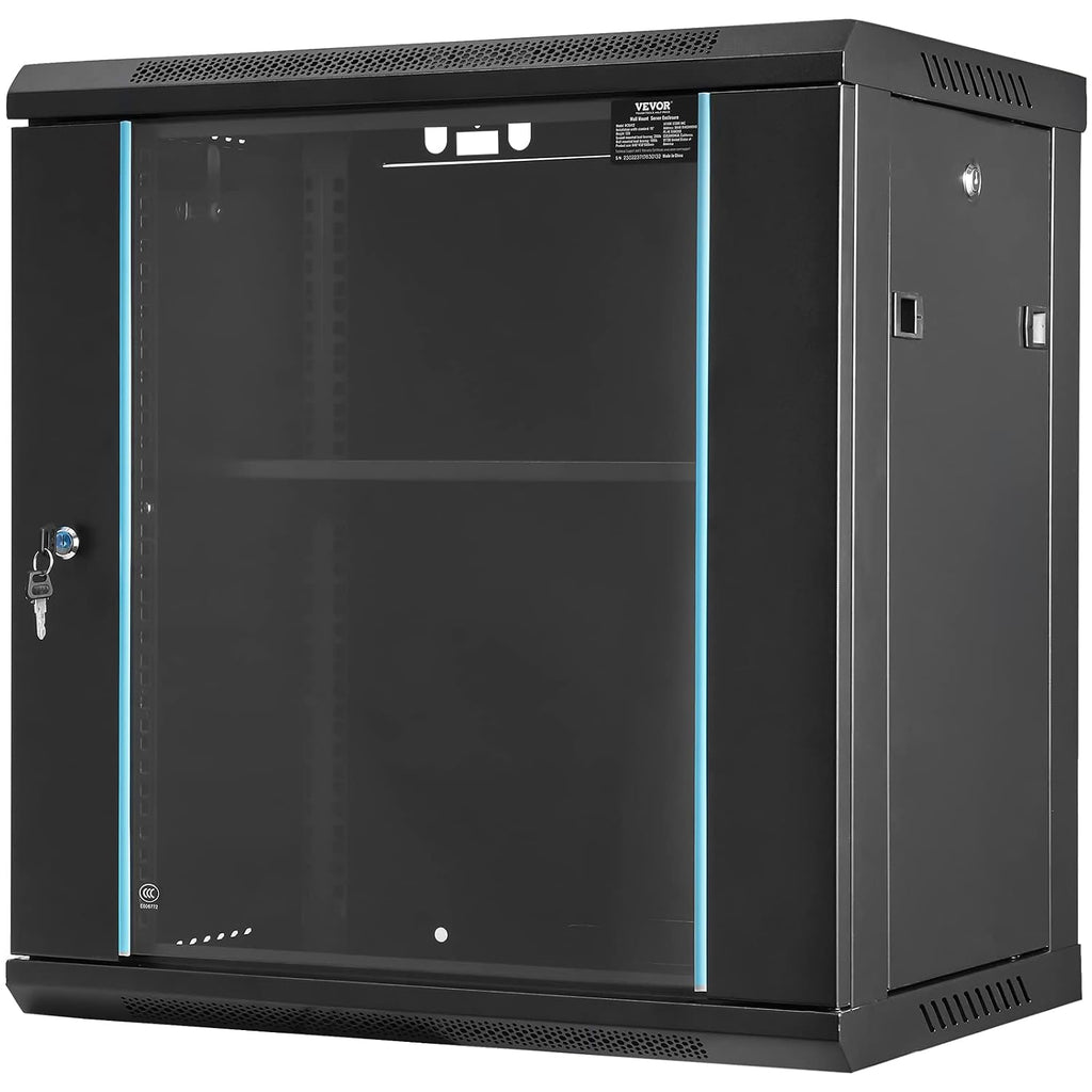 VEVOR 12U Wall Mount Network Cabinet, 15.5'' Deep Server Rack Cabinet Enclosure, 200 lbs Max. Ground-Mounted Load Capacity, with Locking Glass Door Side Panels, for IT Equipment, A/V Devices