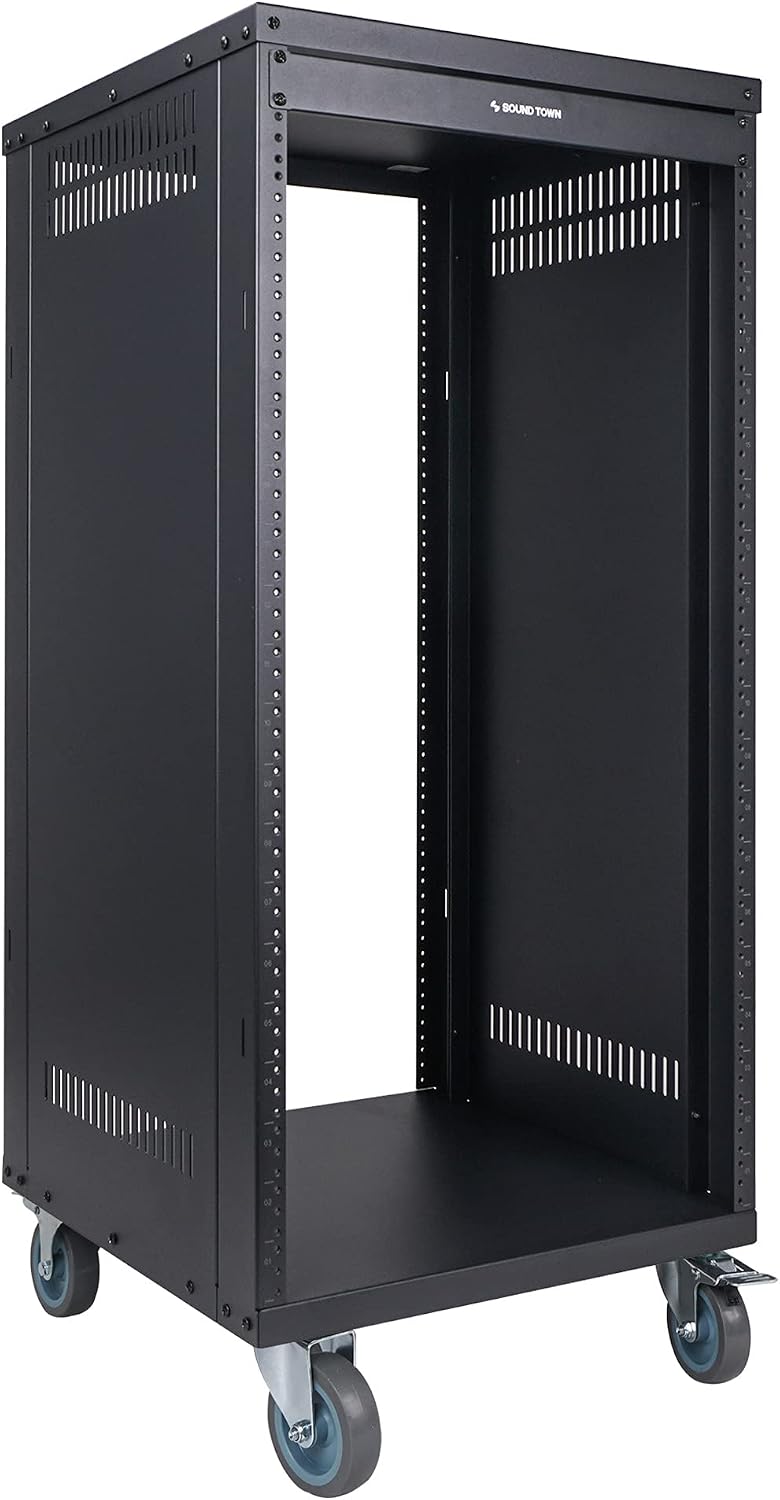 Sound Town 21U Universal Steel Rack, w/ 3' Locking Casters, Vented Side Panels for Audio Video, Server and Network Equipment (STRK-M21U)