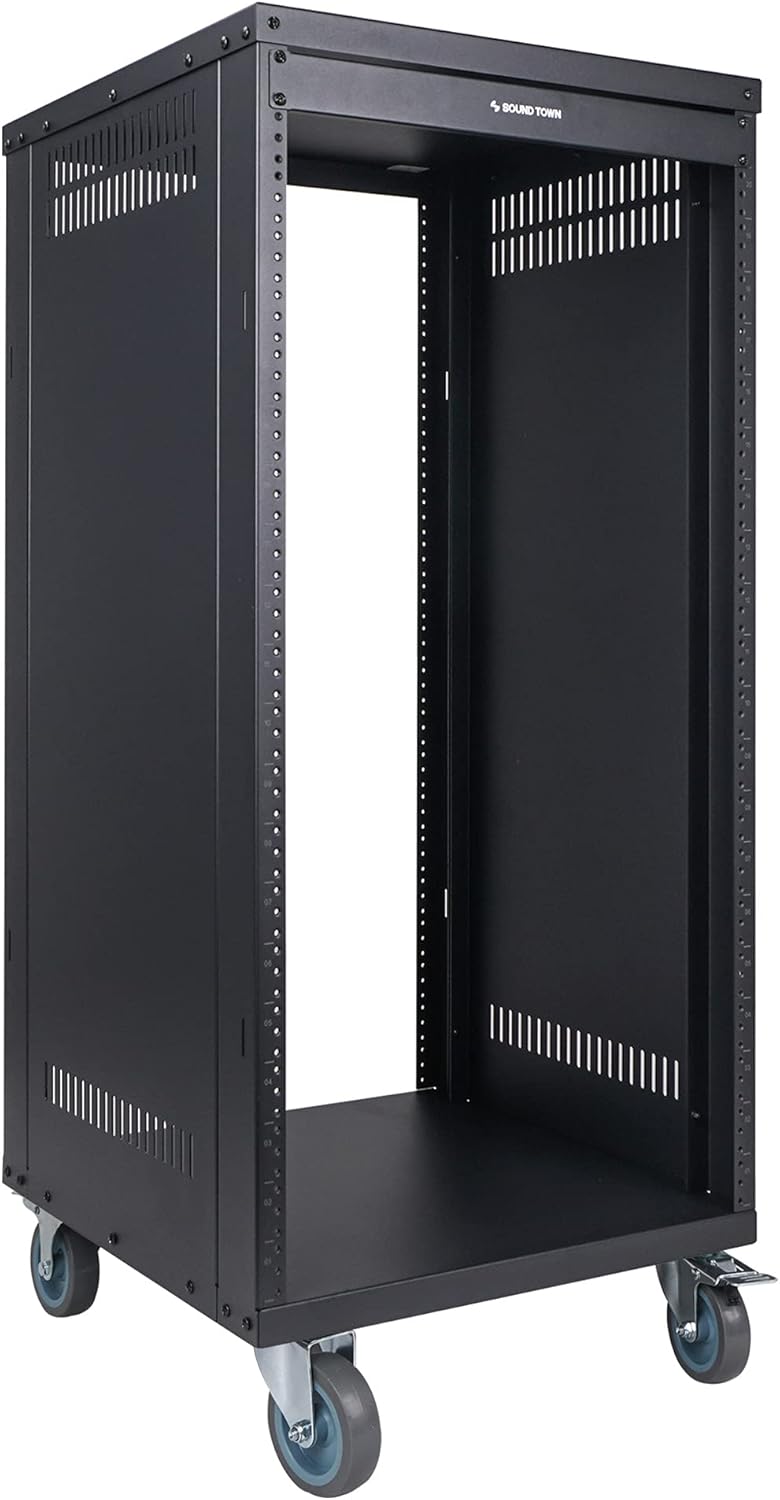 Sound Town 21U Universal Steel Rack, w/Mesh Doors, Locking Casters, Vented Side Panels for Audio Video, Server and Network Equipment (STRK-M21UWD)