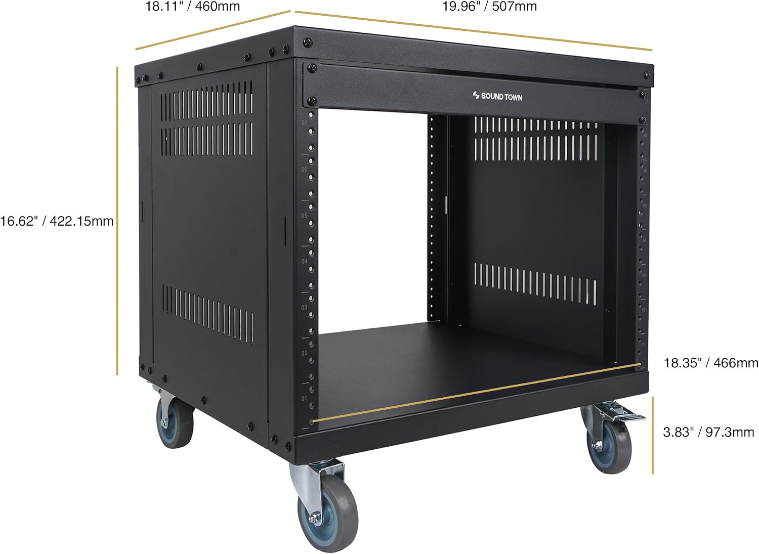 Sound Town 8U Universal Steel Rack, w/Mesh Doors, Locking Casters, Vented Side Panels for Audio Video, Server and Network Equipment (STRK-M8UWD)