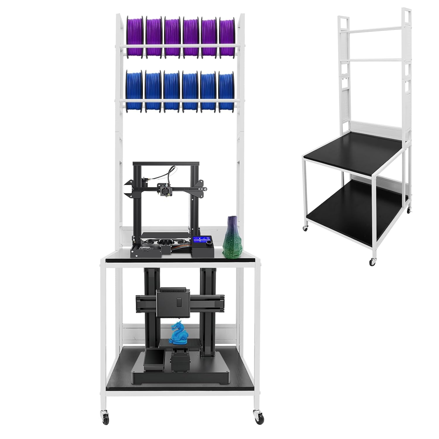 3D Printer Stand and Filament Storage, Heavy Duty 3D Printer Table on Wheels, Sturdy 3D Printer Filament Storage Rack, Large Shelf 3D Printer Stand Cart Desk for Workshop Studio Office(White)