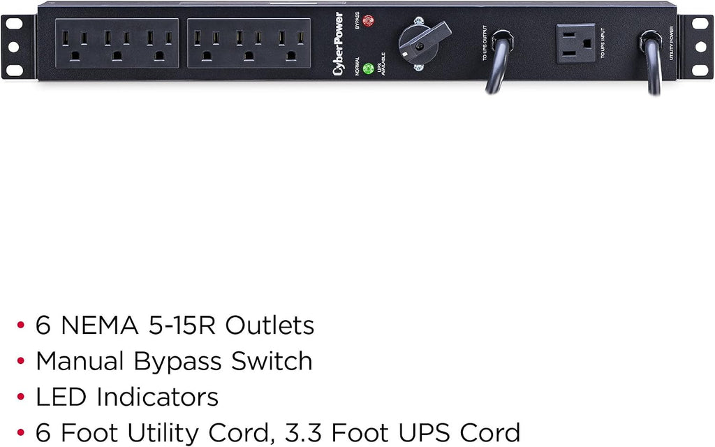 CyberPower MBP15A6 Maintenance Bypass PDU, 120V/15A, 6 Outlets, 1U Rackmount Black