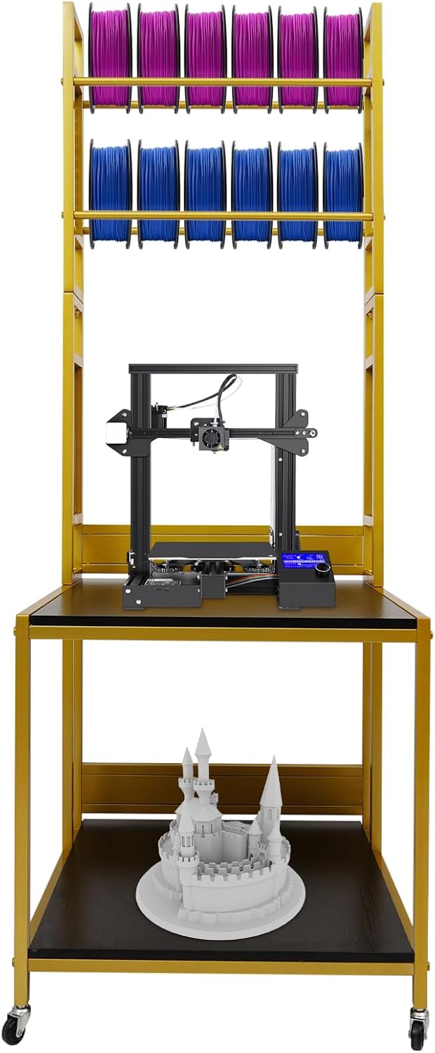 3D Printer Stand with Filament Storage, 3D Printer Filament Storage Rack, Rolling Printers Cart, Heavy Duty Mobile Printer Table with Wheels for Workshop Studio Office - Gold