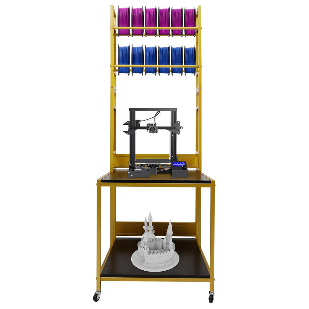 3D Printer Stand Double Layer 3D Printer Filament Storage Rack, Spools Holder Racks, Mobile Printer Table with Wheels for Studio Office Storage and Organization (Gold)