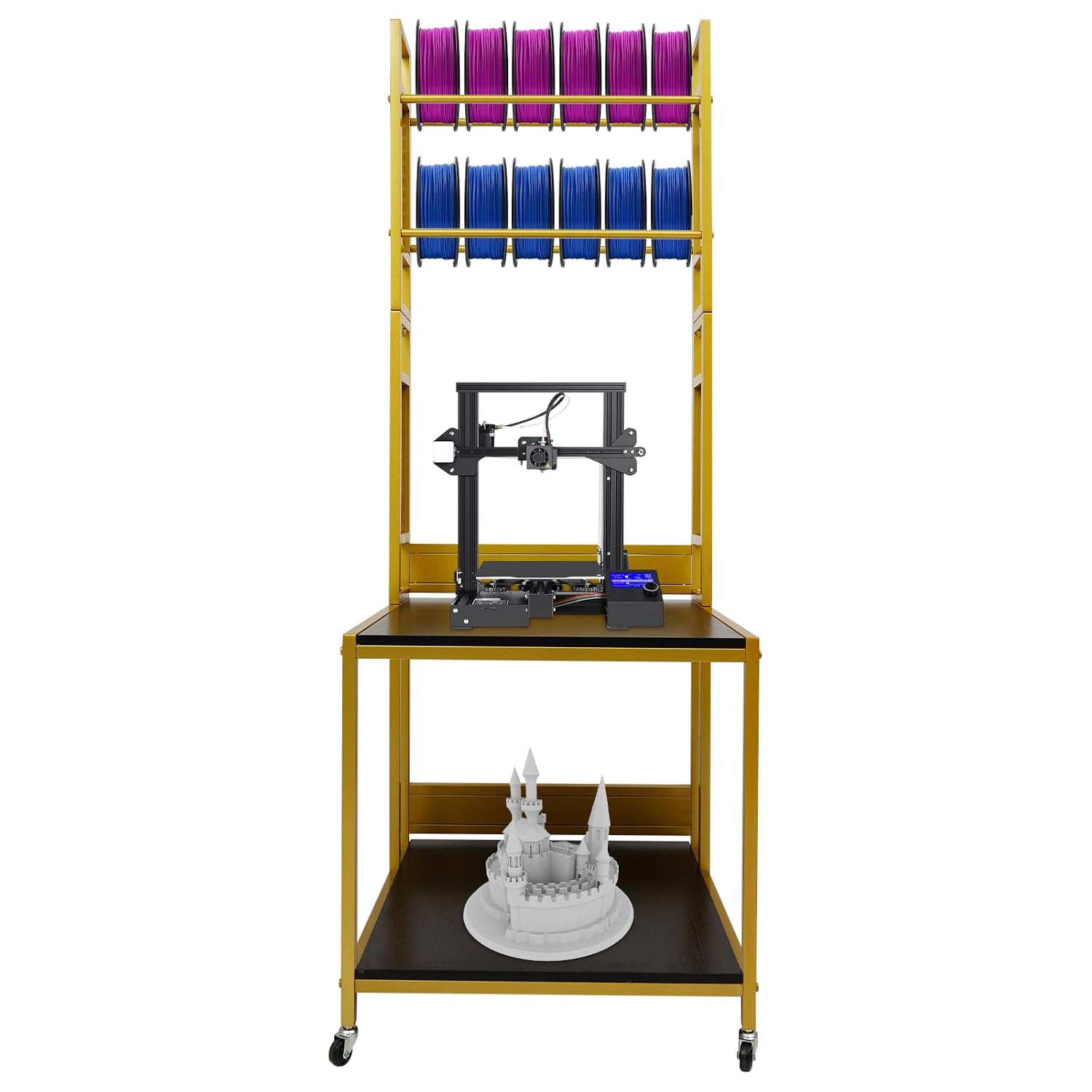 3D Printer Stand Double Layer 3D Printer Filament Storage Rack, Spools Holder Racks, Mobile Printer Table with Wheels for Studio Office Storage and Organization (Gold)
