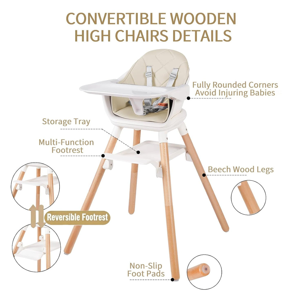 6 in 1 Baby High Chair, Convertible Wooden High Chairs/Booster Seat for Babies and Toddlers, Baby Feeding Chair with 5-Point Harness/Double Removable Tray & Adjustable Footrest (Beige)