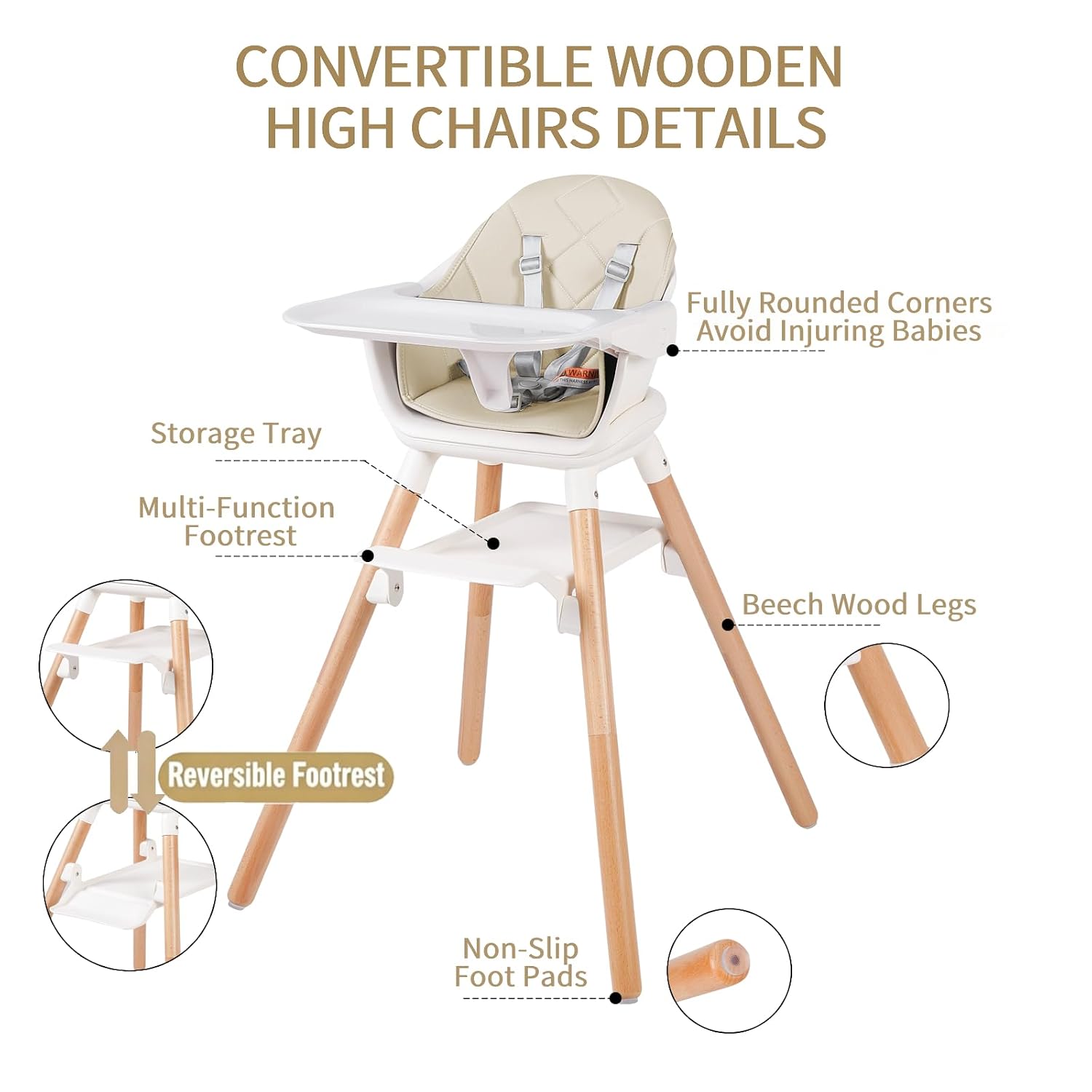 6 in 1 Baby High Chair, Convertible Wooden High Chairs/Booster Seat for Babies and Toddlers, Baby Feeding Chair with 5-Point Harness/Double Removable Tray & Adjustable Footrest (Beige)